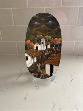 Vintage Felipe Hand Painted Folk Art Village Wood Wall Plaque 11"